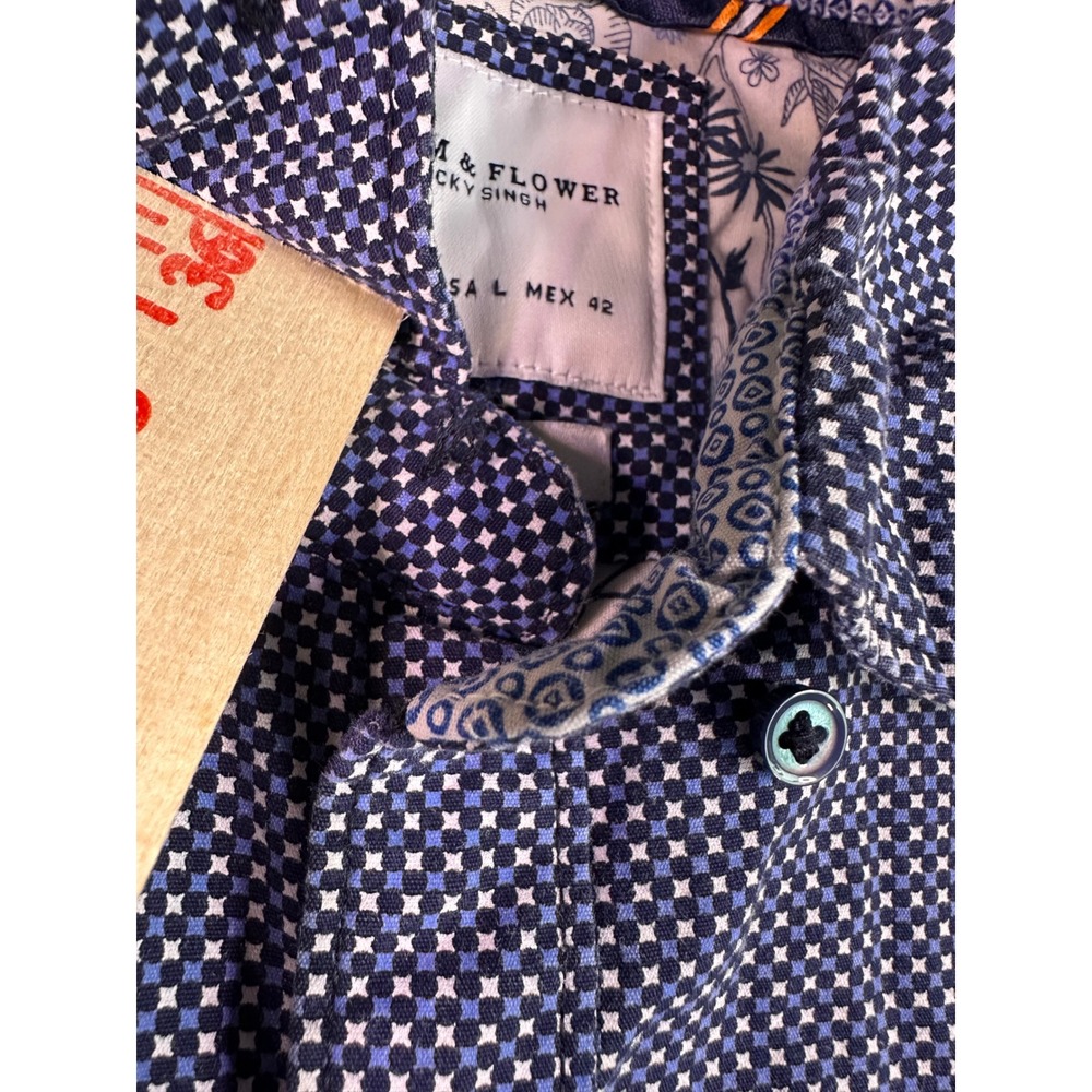Denim & Flower Ricky Singh Mens Blue Geometric Print Short Sleeve Shirt Slim L - Picture 6 of 10